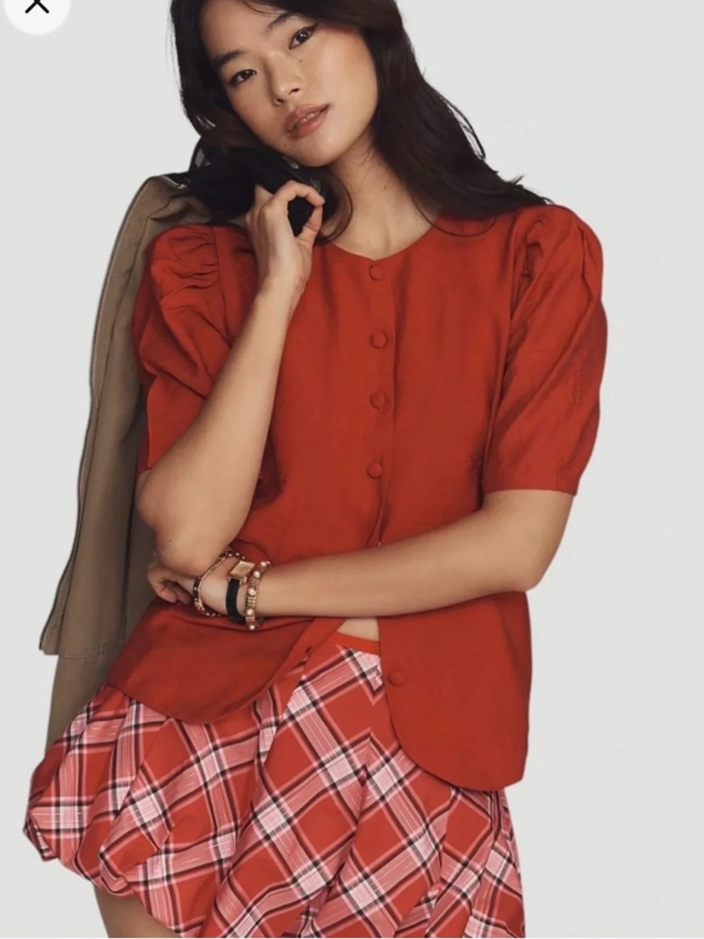 Anthropologie MAEVE Red Button-Front Short Sleeve Blouse